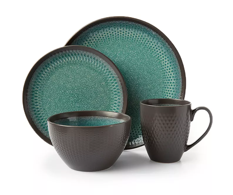 Teal Reactive Stoneware 16-Piece Dinnerware Set 1 Teal Reactive Stoneware 16-Piece Dinnerware Set