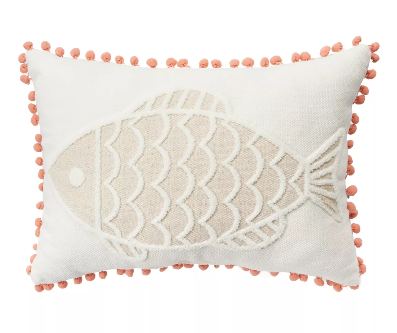 Tan & White Fish Throw Pillow With Pom-Pom Trim 1 Tan & White Fish Throw Pillow With Pom-Pom Trim