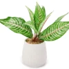 Green Artificial Leafy Arrangement With White Ridged Ceramic Pot