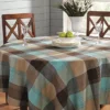 Mineral Blue & Brown Plaid Cotton Tablecloth