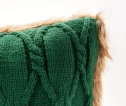 Green Cable-Knit Faux Fur-Trim Throw Pillow -Home Furnishings Store 810616930 A8 1